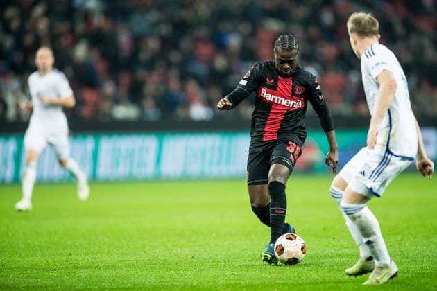 UEFA Europa League: Bayer 04 Leverkusen - Molde FK; 14.12.2023 Ken Izekor (Bayer 04 Leverkusen, 38) schießt UEFA Europa League 6. Spieltag: Bayer 04 Leverkusen - Molde FK, BayArena Leverkusen am 14.12.2023 DFL REGULATIONS PROHIBIT ANY USE OF PHOTOGRAPHS AS IMAGE SEQUENCES AND OR QUASI-VIDEO. Copyright: xBEAUTIFULxSPORTS Wunderlx