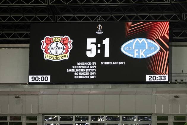 UEFA Europa League: Bayer 04 Leverkusen - Molde FK; 14.12.2023 Ende in Leverkusen 5:1 UEFA Europa League 6. Spieltag: Bayer 04 Leverkusen - Molde FK, BayArena Leverkusen am 14.12.2023 DFL REGULATIONS PROHIBIT ANY USE OF PHOTOGRAPHS AS IMAGE SEQUENCES AND OR QUASI-VIDEO. Copyright: xBEAUTIFULxSPORTS Wunderlx
