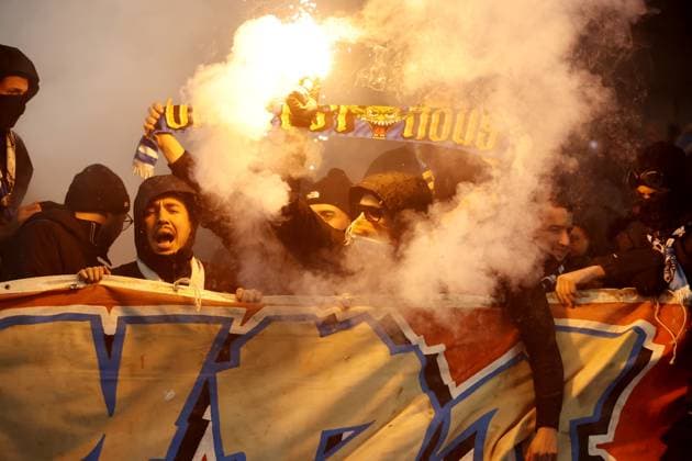 Marseille fans seen before kick off. Brighton & Hove Albion v Marseille, UEFA Europa League, Group A, Football, American Express Community Express Stadium, Brighton, UK - 14 Dec 2023 EDITORIAL USE ONLY No use with unauthorised audio, video, data, fixture lists, club league logos or live services. Online in-match use limited to 120 images, no video emulation. No use in betting, games or single club league player publications. Copyright: xJamesxMarsh Shutterstockx 14254279n