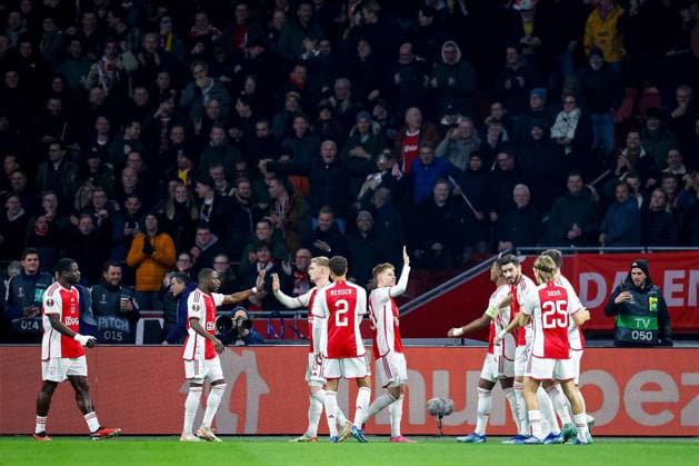 AMSTERDAM, 14-12-2023 , JohanCruyff Arena, Europa League Football season 2023 2024. Ajax player Chuba Akpom scores the 1-0 and celebrates during the match Ajax - AEK Athens. Ajax - AEK Athens  x23520252x Copyright: