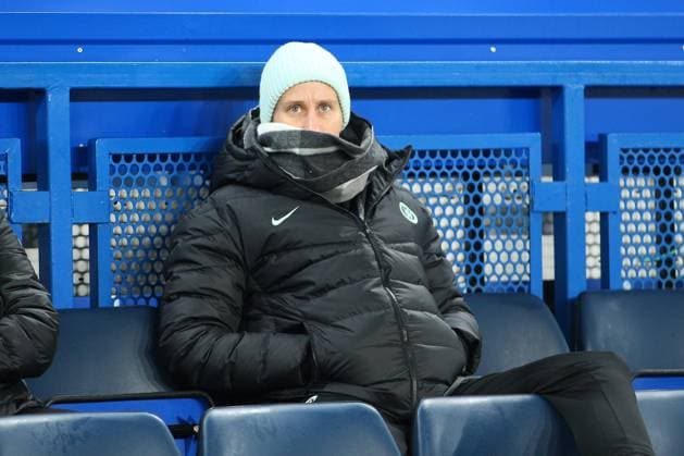 14th December 2023; Stamford Bridge, London, England: UEFA Womens Champions League Football, Chelsea versus Hacken Women; goalkeeper Ann-Katrin Berger of Chelsea watching from the Chelsea substitutes and staff area.  ActionPlus12585794 KatiexChan