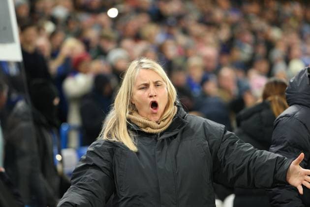 14th December 2023; Stamford Bridge, London, England: UEFA Womens Champions League Football, Chelsea versus Hacken Women; Chelsea manager Emma Hayes singing the UEFA Champions League anthem.  ActionPlus12585797 KatiexChan