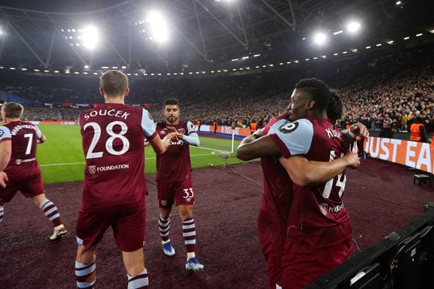 West Ham United v SC Freiburg 14 December 2023, London - Europa League Football - Group A - West Ham United v SC Freiburg - Mohammed Kudus of West Ham celebrates their first goal with his team mates - Photo: Jacques Feeney Offside. London UK Copyright: xJacquesxFeeneyx xOffsidexOffside