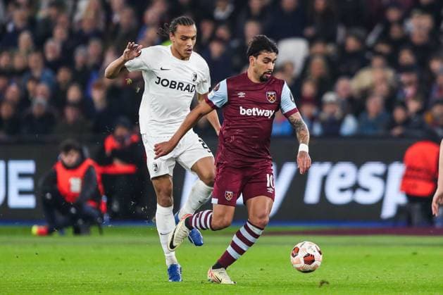 West Ham United FC v SC Freiburg West Ham United s Lucas Paqueta battles for the ball against SC Freiburg s Kiliann Sildillia during the West Ham United FC v SC Freiburg UEFA Europa League Group A match at London Stadium, London, England, United Kingdom on 14 December 2023 Editorial Use Only Copyright: xIMAGO EveryxSecondxMediax ESM-0874-0036