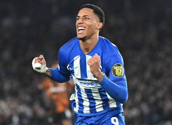 Joao Pedro of Brighton celebrates after he scores Brighton s winning goal during the Group B - UEFA Europa League 2023 24 match between Brighton & Hove Albion and Marseille at the American Express Stadium, Brighton UK -14th December 2023 Brighton v UEFA Europa League Football, Amex Stadium, Brighton, Sussex, United Kingdom - 14 Dec 2023 Editorial use only. No merchandising. For Football images FA and Premier League restrictions apply inc. no internet mobile usage without FAPL license - for details contact Football Dataco  Copyright: xLizxFinlayson TPI Shutterstockx 14258351y
