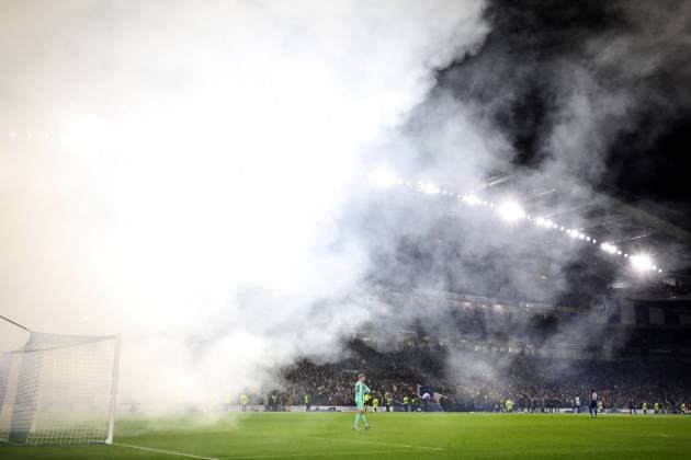 Brighton v Marseille 14 December 2023, Brighton - UEFA EUROPA League, Group B - Brighton & Hove Albion v Olympique de Marseille - A general view (GV) of the Amex Stadium as flare smoke shrouds the stadium - Photo: Charlotte Wilson Offside. Brighton UK Copyright: xCharlottexWilsonx xOffsidexOffside
