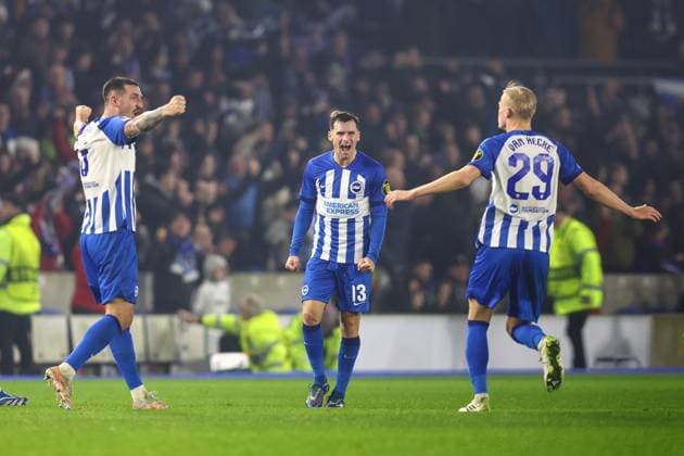 Brighton v Marseille 14 December 2023, Brighton - UEFA EUROPA League, Group B - Brighton & Hove Albion v Olympique de Marseille - Lewis Dunk, Pascal Gross and Jan Paul van Hecke of Brighton & Hove Albion celebrate their victory - Photo: Charlotte Wilson Offside. Brighton UK Copyright: xCharlottexWilsonx xOffsidexOffside