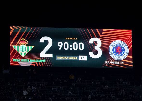 Scoreboard showing the full time result during the Europa League Group C match at the Estadio Benito Villamarin, Seville. Real Betis v Rangers, UEFA Europa League, Group C, Football, Benito VillamaroÆ?Ã?Ân Stadium, Seville, Spain - 14 Dec 2023 EDITORIAL USE ONLY No use with unauthorised audio, video, data, fixture lists, club league logos or live services. Online in-match use limited to 120 images, no video emulation. No use in betting, games or single club league player publications. Copyright: xKirkxO Rourke RangersxFC Shutterstockx 14257803hm