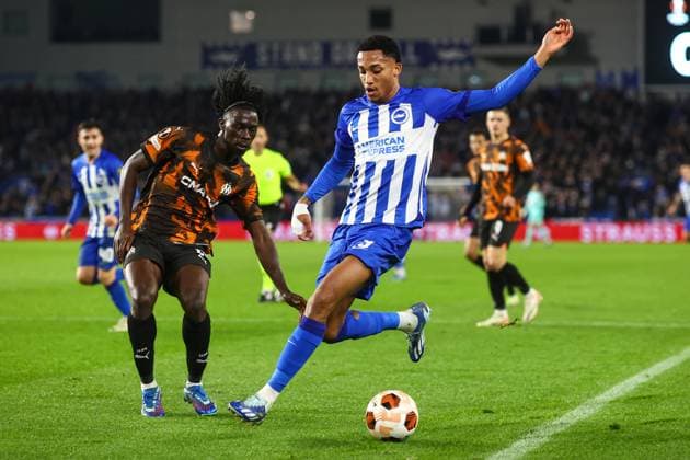 Brighton v Marseille 14 December 2023, Brighton - UEFA EUROPA League, Group B - Brighton & Hove Albion v Olympique de Marseille - Bamo Meite of Olympique de Marseille and Joao Pedro of Brighton & Hove Albion - Photo: Charlotte Wilson Offside. Brighton UK Copyright: xCharlottexWilsonx xOffsidexOffside