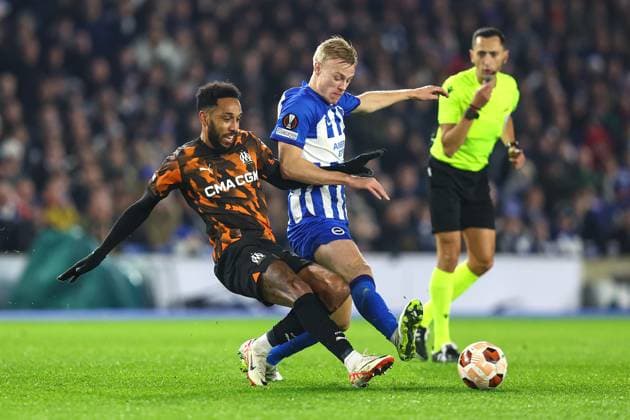 Brighton v Marseille 14 December 2023, Brighton - UEFA EUROPA League, Group B - Brighton & Hove Albion v Olympique de Marseille - Pierre-Emerick Aubameyang of Olympique de Marseille and Jan Paul van Hecke of Brighton & Hove Albion - Photo: Charlotte Wilson Offside. Brighton UK Copyright: xCharlottexWilsonx xOffsidexOffside