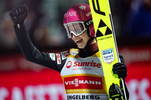 Bilder des Jahres 2023, Sport 12 Dezember Ski jumping, Skispringen, Ski, nordisch - FIS WC Engelberg ENGELBERG,SWITZERLAND,15.DEC.23 - NORDIC SKIING, SKI JUMPING - FIS World Cup, large hill, ladies. Image shows the rejoicing of Josephine Pagnier (FRA).  GEPAxpictures xMaticxKlansek