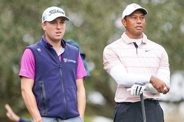 December 16, 2023, Orlando, Florida, USA: Justin Thomas (L) and Tiger Woods wait on the 13th tee during the 2023 PNC Championship Pro-Am at Ritz-Carlton Golf Club. Orlando USA - ZUMAw109 20231216_fap_w109_035 Copyright: xDebbyxWongx