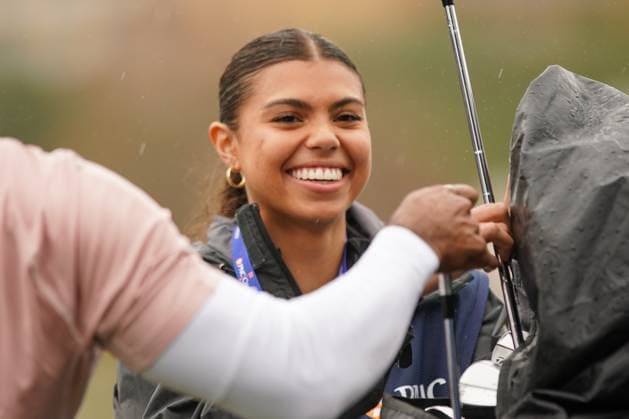 December 16, 2023, Orlando, Florida, USA: Samantha Woods smiles on the 18th green during the 2023 PNC Championship Round 1 at Ritz-Carlton Golf Club. Orlando USA - ZUMAw109 20231216_fap_w109_057 Copyright: xDebbyxWongx