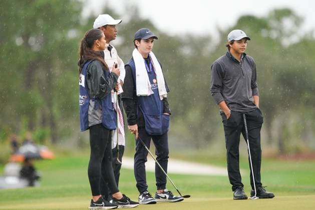 December 16, 2023, Orlando, Florida, USA: Team Woods: (L-R) Samantha Woods, Tiger Woods, Luke Wise, and Charlie Woods on the 18th green during the 2023 PNC Championship Round 1 at Ritz-Carlton Golf Club. Orlando USA - ZUMAw109 20231216_fap_w109_045 Copyright: xDebbyxWongx