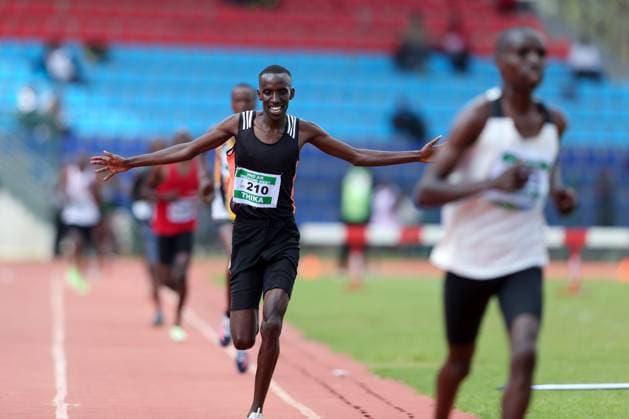 Sport Themen der Woche KW50 RECORD DATE NOT STATED NAIROBI, KENYA - DECEMBER 16; Silas Sentura celebrates winning 5000m Heat One men during Athletics Kenya Weekend meeting on December 16th 2023 at Ulinzi Sports Complex.Photo CHRIS OMOLLO Copyright: xx