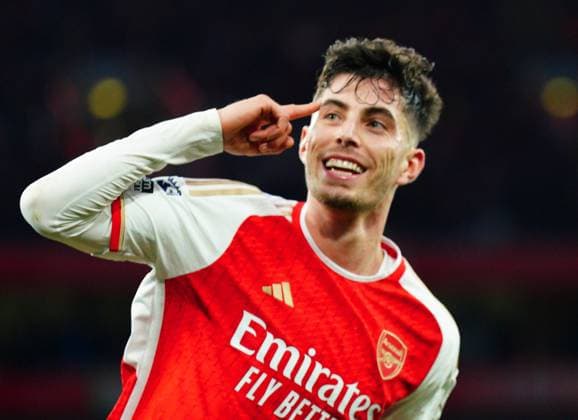 Sport Themen der Woche KW50 Sport Bilder des Tages Kai Havertz of Arsenal celebrates scoring a goal after making it 2-0 Arsenal v Brighton & Hove Albion, Premier League, Football, Emirates Stadium, London, UK - 17 Dec 2023 EDITORIAL USE ONLY No use with unauthorised audio, video, data, fixture lists, club league logos or live services. Online in-match use limited to 120 images, no video emulation. No use in betting, games or single club league player publications.  Copyright: xJavierxGarcia Shutterstockx 14259138ai