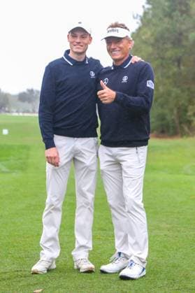 December 17, 2023, Orlando, Florida, USA: Jason Langer (L) and Bernhard Langer pose for photos on the first tee during the final round of the 2023 PNC Championship at Ritz-Carlton Golf Club. Orlando USA - ZUMAw109 20231217_fap_w109_005 Copyright: xDebbyxWongx