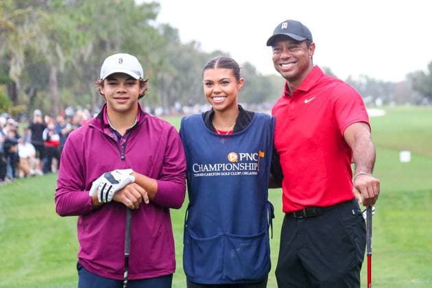 December 17, 2023, Orlando, Florida, USA: (L-R) CHARLIE WOODS, SAMANTHA WOODS and TIGER WOODS pose for photos on the first tee during the final round of the 2023 PNC Championship at Ritz-Carlton Golf Club. Orlando USA - ZUMAw109 20231217_fap_w109_004 Copyright: xDebbyxWongx
