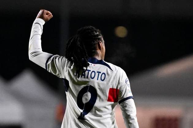Marie-Antoinette Katoto of Paris Saint Germain celebrates after scoring the goal of 0-2 during the Women Champions League group stage C match between AS Roma and Paris Saint Germain at tre fontane stadium, Rome (Italy), December 20th, 2023. andreaxstaccioli