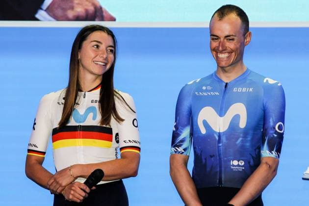 Bilder des Jahres 2023, Sport 12 Dezember Sport Themen der Woche KW51 Sport Bilder des Tages December 21, 2023: Liane Lippert and Enric Mas, Movistar Team cyclists look on during the presentation of Movistar Team for the 2024 cycling season celebrated at Movistar headquarters on December 21, 2023, in Madrid, Spain. - ZUMAa181 20231221_zaa_a181_062 Copyright: xIrinaxR.xHipolitox