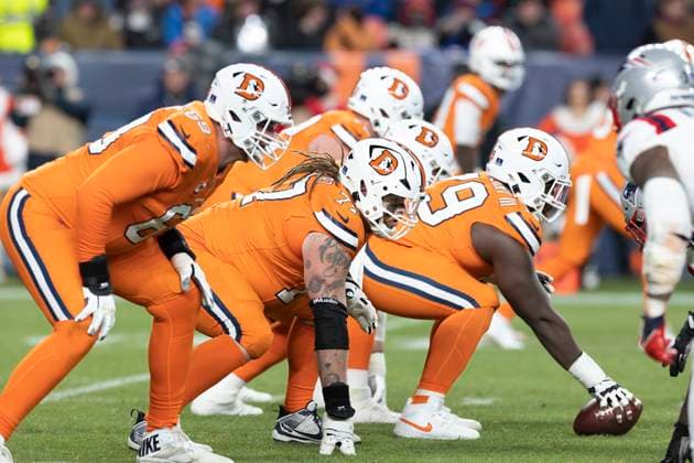 December 24, 2023, Denver, Colorado, USA: The Broncos Offensive Line lines up to start a play during the 1st. Half Sunday night at Empower Field at Mile High in Denver, CO. The Patriots beat the Broncos 26-23. Denver USA - ZUMAav4_ 20231224_zaf_av4_009 Copyright: xHectorxAcevedox