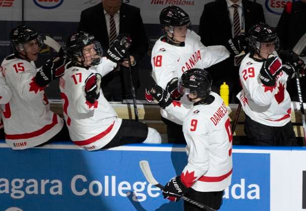 December 26, 2023, GOTHENBURG, SWEDEN: Canada s Nate Danielson (9) celebrates his goal against Finland with teammates during first period hockey action at the IIHF World Junior Hockey Championship in Gothenburg, Sweden on Tuesday, Dec 26, 2023. Canada News - December 26, 2023  - ZUMAc35_ 20231226_zaf_c35_004 Copyright: xChristinnexMuschix