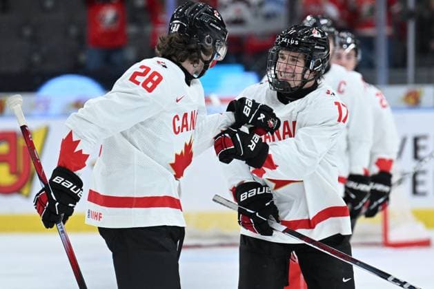GOTHENBURG, SWEDEN 20231227 Canada s 28 Conor Geekie cheers after scoring 0-1 with team mate Canada s Macklin Celebrini during the IIHF World Junior Championship group A Ice hockey, Eishockey match between Latvia and Canada at Scandinavium in Gothenburg, Sweden December 27, 2023. GOTHENBURG SWEDEN x9200x
