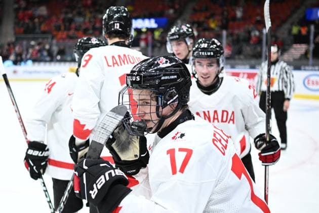 GOTHENBURG, SWEDEN 20231227 Canada s Macklin Celebrini celebrates scoring 0-5 during the IIHF World Junior Championship group A Ice hockey, Eishockey match between Latvia and Canada at Scandinavium in Gothenburg, Sweden December 27, 2023. GOTHENBURG SWEDEN x9200x