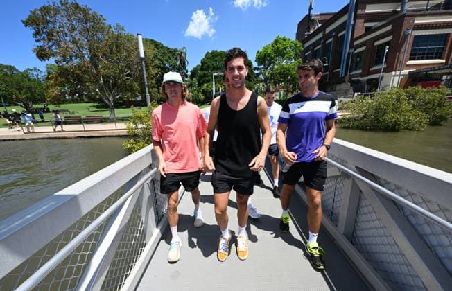 TENNIS AUSTRALIA BRISBANE RIVER, Australian tennis players Max Purcell (left), Thanasi Kokkinakis (centre) and Aleksandar Vukic (right) are seen before going on a GoBoat ride on the Brisbane River ahead of the Brisbane International tennis tournament, in Brisbane, Thursday, December 28, 2023. ( NO ARCHIVING, EDITORIAL USE ONLY, NO USE IN BOOKS WITHOUT CONSENT BRISBANE QUEENSLAND AUSTRALIA  Copyright: xDARRENxENGLANDx 20231228001882593332