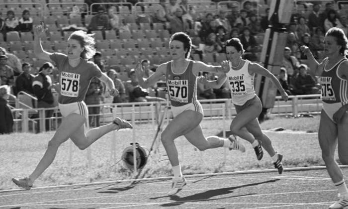 Moscow, USSR. Vice-champion Galina Malchugina (C), and the winner Irina Sergeeva with a score of 11.30 seconds run the final 100-meter race at the Central Lenin Stadium V.I. Lenin as part of the 33th Memorial of the Znamensky Brothers. Alexander Yakovlev TASS  18841300