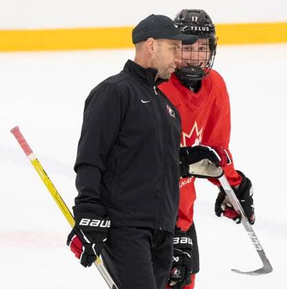 December 30, 2023, GOTHENBURG, SWEDEN: Canada head coach Alan Letang, left, skates with Canada s Macklin Celebrini during a practice session at the IIHF World Junior Hockey Championship in Gothenburg, Sweden on Saturday, Dec. 30, 2023. Canada News - December 30, 2023  - ZUMAc35_ 20231230_zaf_c35_009 Copyright: xChristinnexMuschix