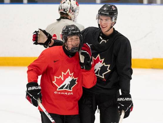 December 30, 2023, GOTHENBURG, SWEDEN: Canada s Macklin Celebrini, left, and Maveric Lamoureux smile during a practice session at the IIHF World Junior Hockey Championship in Gothenburg, Sweden on Saturday, Dec. 30, 2023. Canada News - December 30, 2023  - ZUMAc35_ 20231230_zaf_c35_010 Copyright: xChristinnexMuschix