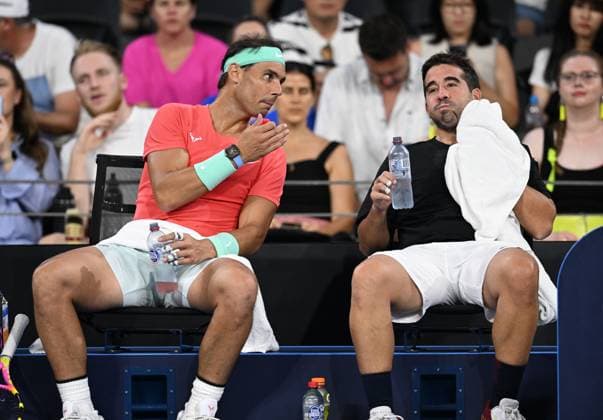 TENNIS BRISBANE INTERNATIONAL, Rafael Nadal (left) of Spain and Marc Lopez (right) of Spain are seen reacting against Max Purcell and Jordan Thompson of Australia during their round 1 doubles match on Day 1 of the 2024 Brisbane International at the Queensland Tennis Centre in Brisbane, Sunday, December 31, 2023. ( NO ARCHIVING, EDITORIAL USE ONLY, NO USE IN BOOKS WITHOUT CONSENT BRISBANE QUEENSLAND AUSTRALIA  Copyright: xDARRENxENGLANDx 20231231001883584041