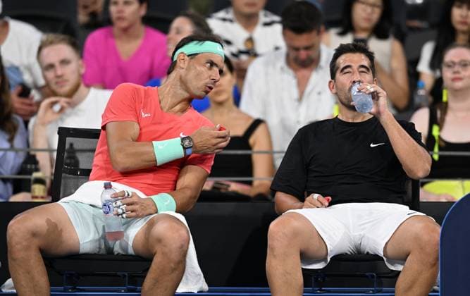TENNIS BRISBANE INTERNATIONAL, Rafael Nadal (left) of Spain and Marc Lopez (right) of Spain are seen reacting against Max Purcell and Jordan Thompson of Australia during their round 1 doubles match on Day 1 of the 2024 Brisbane International at the Queensland Tennis Centre in Brisbane, Sunday, December 31, 2023. ( NO ARCHIVING, EDITORIAL USE ONLY, NO USE IN BOOKS WITHOUT CONSENT BRISBANE QUEENSLAND AUSTRALIA  Copyright: xDARRENxENGLANDx 20231231001883584112