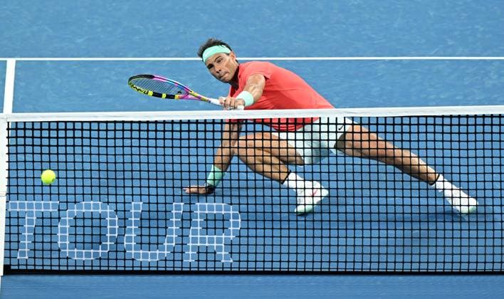 TENNIS BRISBANE INTERNATIONAL, Rafael Nadal of Spain in action during his doubles match with partner Marc Lopez of Spain against Max Purcell and Jordan Thompson of Australia during their round 1 doubles match on Day 1 of the 2024 Brisbane International at the Queensland Tennis Centre in Brisbane, Sunday, December 31, 2023. ( NO ARCHIVING, EDITORIAL USE ONLY, NO USE IN BOOKS WITHOUT CONSENT BRISBANE QUEENSLAND AUSTRALIA  Copyright: xDARRENxENGLANDx 20231231001883587992
