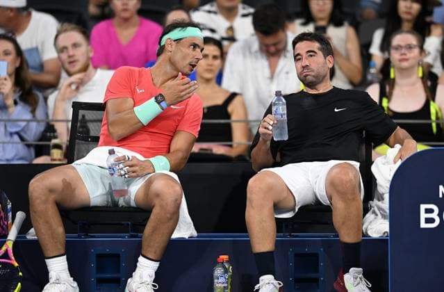 TENNIS BRISBANE INTERNATIONAL, Rafael Nadal (left) of Spain and Marc Lopez (right) of Spain are seen reacting against Max Purcell and Jordan Thompson of Australia during their round 1 doubles match on Day 1 of the 2024 Brisbane International at the Queensland Tennis Centre in Brisbane, Sunday, December 31, 2023. ( NO ARCHIVING, EDITORIAL USE ONLY, NO USE IN BOOKS WITHOUT CONSENT BRISBANE QUEENSLAND AUSTRALIA  Copyright: xDARRENxENGLANDx 20231231001883592577