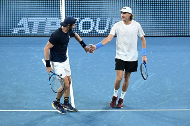TENNIS BRISBANE INTERNATIONAL, Jordan Thompson (left) and Max Purcell (right) of Australia are seen in action during their doubles match against Rafael Nadal and Marc Lopez (right) of Spain during their round 1 doubles match on Day 1 of the 2024 Brisbane International at the Queensland Tennis Centre in Brisbane, Sunday, December 31, 2023. ( NO ARCHIVING, EDITORIAL USE ONLY, NO USE IN BOOKS WITHOUT CONSENT BRISBANE QUEENSLAND AUSTRALIA  Copyright: xDARRENxENGLANDx 20231231001883594928