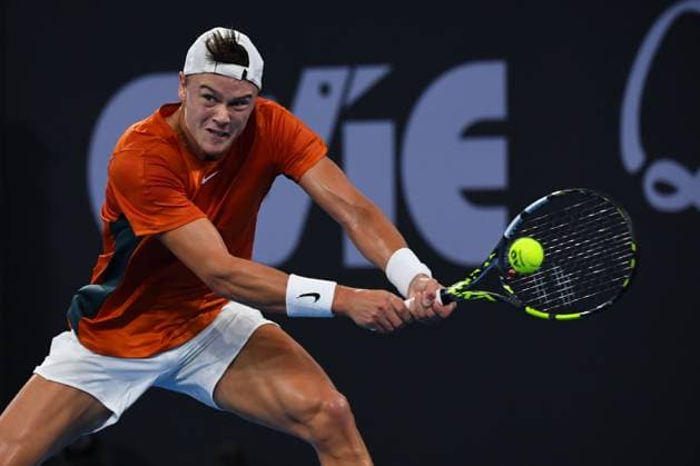 TENNIS BRISBANE INTERNATIONAL, Holger Rune in action against Max Purcell during their round one match on Day 2 of the 2024 Brisbane International at the Queensland Tennis Centre in Brisbane, Monday, January 1, 2024. NO ARCHIVING, EDITORIAL USE ONLY, NO USE IN BOOKS WITHOUT CONSENT BRISBANE QUEENSLAND AUSTRALIA  Copyright: xJONOxSEARLEx 20240101001883880907