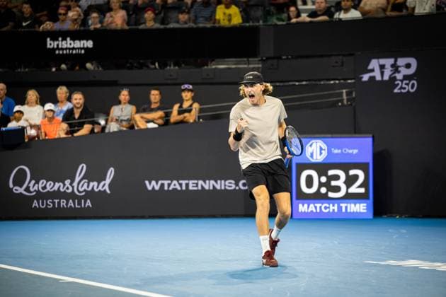 Australia s Max Purcell wins first set against Holger Rune of Denmark Photo: Ben Symons SHUTTER STOCK Brisbane International Tennis Tournament, Day Two, Queensland Tennis Centre, Brisbane, Australia - 01 Jan 2024  Copyright: xBenxSymons Shutterstockx 14279941o