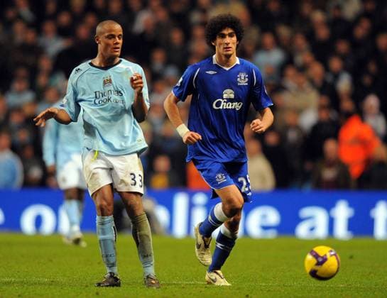 Vincent Kompany of Manchester City and Marouane Fellaini of Everton Vincent Kompany of Manchester City and Marouane Fellaini of Everton..Barclays Premier League..Manchester City v Everton..13th December, 2008..--------------------..Sportimage +44 Image: PHOTOGRAPHER Cal Media) UK EDITORIAL USE ONLY Copyright: xx SimonxBellisx csmphoto160566