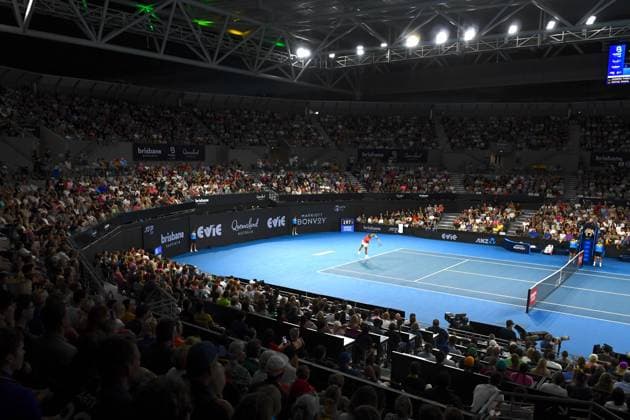 TENNIS BRISBANE INTERNATIONAL, A general view as Rafael Nadal of Spain serves against Dominic Thiem of Austria during their match on Day 3 of the 2024 Brisbane International at the Queensland Tennis Centre in Brisbane, Tuesday, January 2, 2024. ( NO ARCHIVING, EDITORIAL USE ONLY, NO USE IN BOOKS WITHOUT CONSENT BRISBANE QUEENSLAND AUSTRALIA  Copyright: xJONOxSEARLEx 20240102001884191653