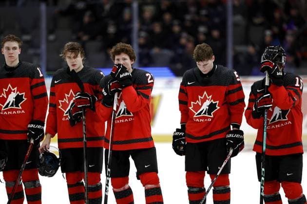 GOTHENBURG, SWEDEN 20240102 Canadian players look dejected after looding the IIHF World Junior Championship Ice hockey, Eishockey quarter final match between Canda and Czech Republic at Scandinavium in Gothenburg, Sweden January 2, 2024. GOTHENBURG SWEDEN x9200x