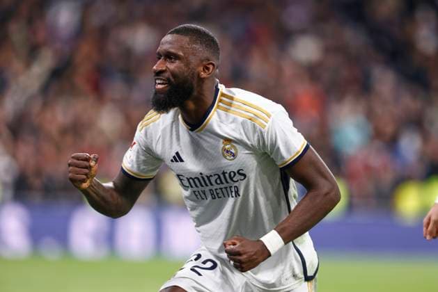 Spain, Madrid, 03.01.2024, Santiago Bernabeu Stadium, Real Madrid v RCD Mallorca - La Liga EA Sports match round 19, Antonio Rudiger (Real Madrid CF) celebrates after scoring his team˜s first goal Madrid Santiago Bernabeu Stadium Spain