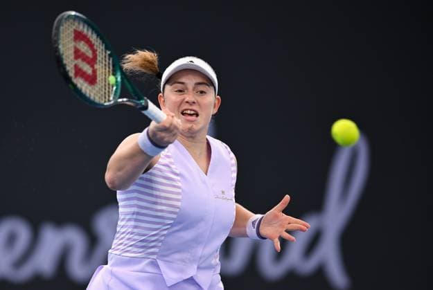TENNIS BRISBANE INTERNATIONAL, Jelena Ostapenko of Latvia in action against Victoria Azarenka of Belarus during their Quarterfinal Match on Day 6 of the 2024 Brisbane International at the Queensland Tennis Centre in Brisbane, Friday, January 5, 2024. ( NO ARCHIVING, EDITORIAL USE ONLY, NO USE IN BOOKS WITHOUT CONSENT BRISBANE QUEENSLAND AUSTRALIA  Copyright: xZAINxMOHAMMEDx 20240105001885044815