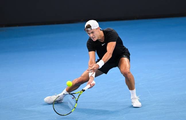 TENNIS BRISBANE INTERNATIONAL, Holger Rune of Denmark in action against James Duckworth of Australia during their match on Day 6 of the 2024 Brisbane International at the Queensland Tennis Centre in Brisbane, Friday, January 5, 2024. ( NO ARCHIVING, EDITORIAL USE ONLY, NO USE IN BOOKS WITHOUT CONSENT BRISBANE QUEENSLAND AUSTRALIA  Copyright: xZAINxMOHAMMEDx 20240105001885094202