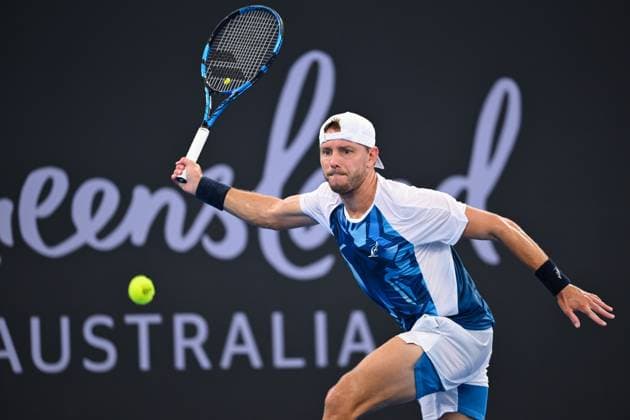 TENNIS BRISBANE INTERNATIONAL, James Duckworth of Australia in action against Holger Rune of Denmark during their match on Day 6 of the 2024 Brisbane International at the Queensland Tennis Centre in Brisbane, Friday, January 5, 2024. ( NO ARCHIVING, EDITORIAL USE ONLY, NO USE IN BOOKS WITHOUT CONSENT BRISBANE QUEENSLAND AUSTRALIA  Copyright: xZAINxMOHAMMEDx 20240105001885094681
