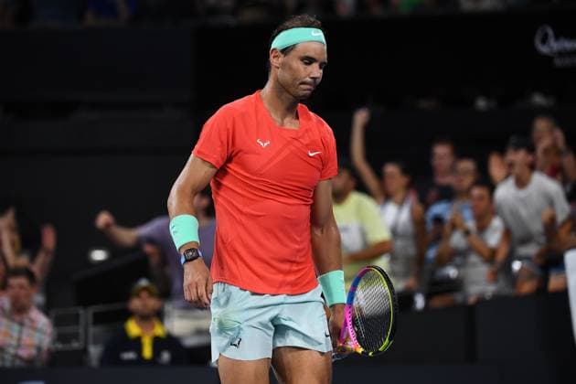 TENNIS BRISBANE INTERNATIONAL, Rafael Nadal of Spain reacts against Jordan Thompson of Australia during their quarter-final match on Day 6 of the 2024 Brisbane International at the Queensland Tennis Centre in Brisbane, Friday, January 5, 2024. ( NO ARCHIVING, EDITORIAL USE ONLY, NO USE IN BOOKS WITHOUT CONSENT BRISBANE QUEENSLAND AUSTRALIA  Copyright: xJONOxSEARLEx 20240106001885193012