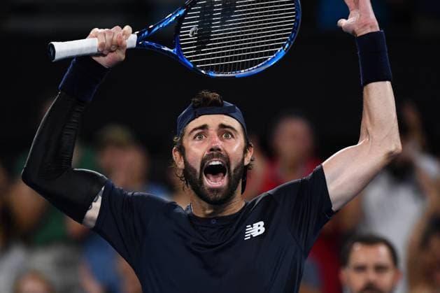 TENNIS BRISBANE INTERNATIONAL, Jordan Thompson of Australia celebrates winning his match against Rafael Nadal of Spain during their quarter-final match on Day 6 of the 2024 Brisbane International at the Queensland Tennis Centre in Brisbane, Friday, January 5, 2024. ( NO ARCHIVING, EDITORIAL USE ONLY, NO USE IN BOOKS WITHOUT CONSENT BRISBANE QUEENSLAND AUSTRALIA  Copyright: xJONOxSEARLEx 20240106001885209612