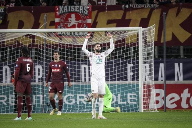 Joie des joueurs de l equipe de Clermont apres le but de JIM ALLEVINAH 11 FOOTBALL : Metz vs Clermont FOOT 63 - Coupe De France - 05 01 2024 ElyxandroCegarra Panoramic 
