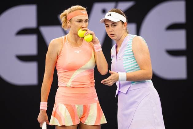 Lyudmyla Kichnok and Jelena Ostapenko in action in the womens doubles final Brisbane international 6th January 2024 Brisbane International Tennis Tournament, Day Seven, Queensland Tennis Centre, Brisbane, Australia - 06 Jan 2024  Copyright: xBenxSymons Shutterstockx 14286930bg